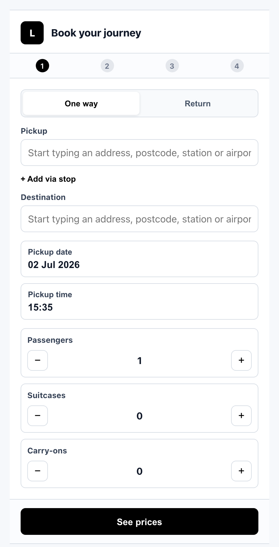 The DM Taxi Assistant booking form a passenger sees — pickup, destination, date, time, passengers and luggage, then live prices.