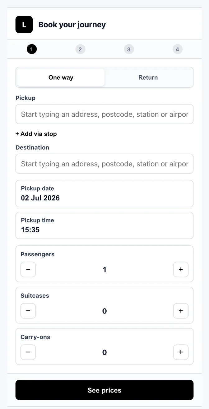 The DM Taxi Assistant booking form a passenger sees - pickup, destination, date, time, passengers and luggage, then live prices.