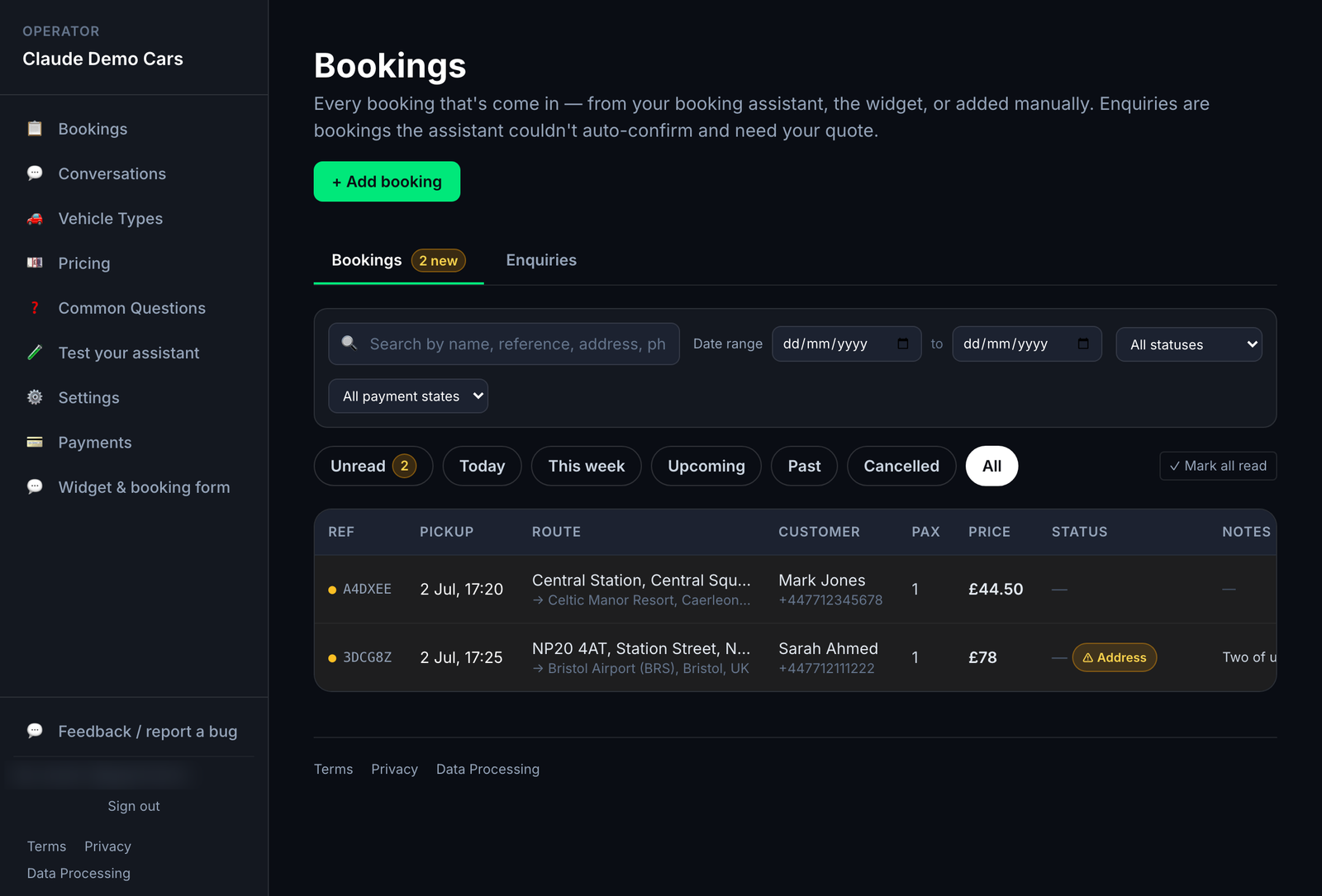 The DM Taxi Assistant operator portal — every booking from the assistant, widget or manual entry in one list, with conversations, pricing and settings in the sidebar.