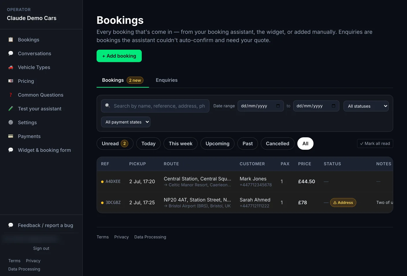 The DM Taxi Assistant operator portal - every booking from the assistant, widget or manual entry in one list, with conversations, pricing and settings in the sidebar.